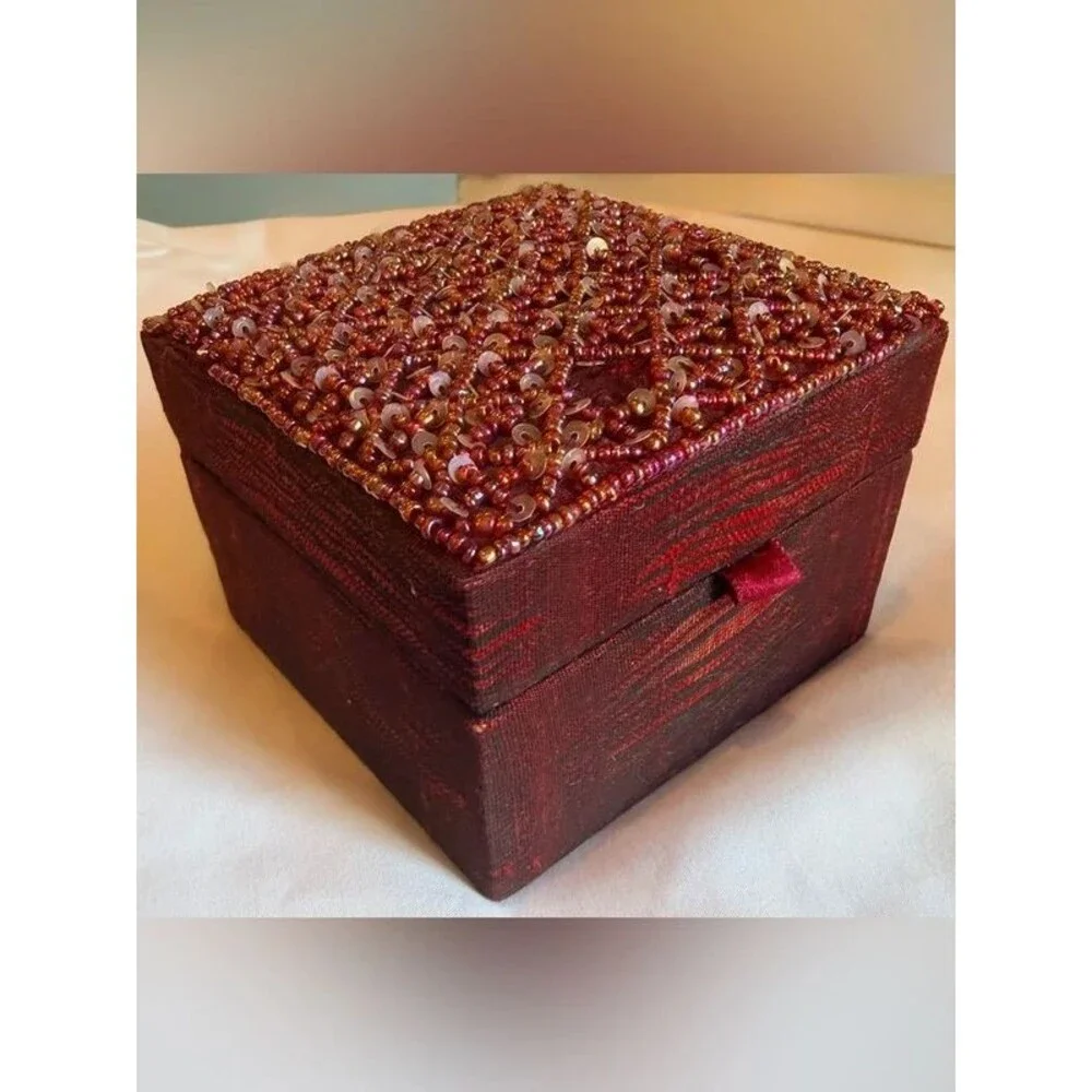 Vintage Red Beaded Wooden Jewelry Box Trinket Keepsake Box Mirror Boho Decor